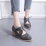 Spring And Summer New Thick Heel High Fashion Single Shoes 42 Large Size Lace Hollow Carved Women's
