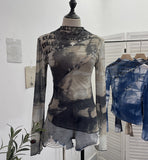 Want To Play The Bottom Of The Long-Sleeved T-Shirt Design Hollow Print Irregular Mesh Yarn Personality Hottie Top