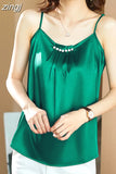 Silk Women Tops Satin Blouses for Women Beading Silk Blouse Top Woman Sleeveless Shirts Tops Fashion Woman Satin