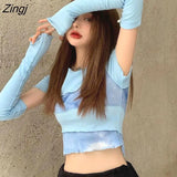 Women Patchwork Design Cool Tie Dye Streetwear Harajuku Slim Crop Top Sexy Summer Ladies Leisure Fashion Popular