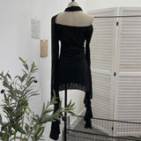 Dark Waste Soil Wind Makes The Old Hole Hanging Shoulder Hanging With Long Sleeves Irregularly Open Fork T-Shirt Skirt