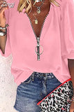 Women Shirt Summer Tops Zipper V Neck Women's Blouse New Fashion Casual Chiffon Half Sleeve 2023 Female Clothing Blusas