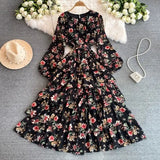 Autumn New Long-Sleeved Print Chiffon Dress Sweet Temperament Holiday Waist Thin Cake Dress Dress