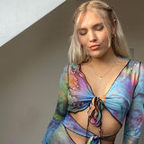 Butterfly Tie Dyeing Print Sexy Women Dress Clubwear 2023 Long Flare Sleeve Hollow Out Lace-up V-neck Pencil