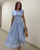 New Sweet Pure Want To Collect Waist Thin A Word French Girl Folds Splicing Short Sleeve Long Dress