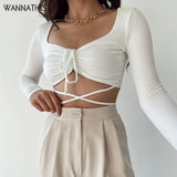 Knit Cropped Tops Women V-Neck Lace Up Sexy Solid Long Sleeve Shirt Woman Waist Skinny Autumn Clothing 2021 Chic