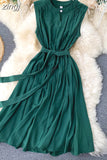 Solid Green/Blue/Yellow Casual Dress Elegant Sleeveless Round Neck Sashes Dresses Vintage 2023 New Fashion Vestido
