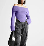 Zingj 2024 New Fashion Temperament One Word Shoulder Slim Slim Long-Sleeved Sweater Women's Solid Color Back