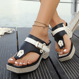 Slope And Thick-Bottom Metal Buckle Rivet One-Word Sandals 2025 Summer Beach Women's