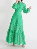 High-Level Elegant Lotus Leafy Dress 2025 Summer New Standing Collar Long Sleeves To Close The Waist Thin Hollow Dress Woman