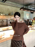 Xixi 2025 Autumn New White Standard Temperament Slant Shoulder Solid Color Knit Shirt Long-Sleeved Top Sweater