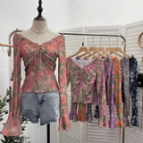 Print V-Neck Horn Sleeve Top Wooden Ear Lace With Short-Sleeved Long-Sleeved T-Shirt