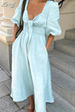 Women's Summer Cotton Linen Dress Sexy A-line Casual Elegant Long Midi Dress Puff Sleeve Vintage Dresses for Women