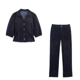 Women's Explosion Stimress Jeans Sleeve Shirt + Horned Jeans