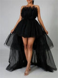 Mesh Sheer Elegant Women Formal Ball Gown Dress 2023 Strapless Off Shoulder High Waist Asymmetrical Hem Tulle