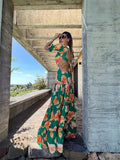 New Ruffle Sleeveless Printed Skirt Ladies V Neck Elegant Long Dress Waist Slimming Temperament