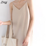 Women Chiffon Spaghetti Strap Sleeveless Dress Korean Loose V-neck Sexy Elegant Vintage Ladies Breathable Thin