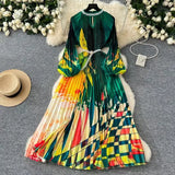 Elegant Dress Women Fashion Nail Ball Collar Hollow Pressure Folding Lantern Sleeves To Print Long