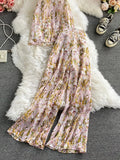 Vacation Beach Women Two Piece Set Elegant Halter Sleeveless Chiffon Tops And High Waist Wide Leg Pants Female New