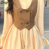 Women Solid Double Breasted Spring Feminine Trendy Sleeveless Crops Vintage Casual Comfortable All-match High Street