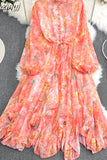 Autumn Women Floral Irregular Ruffle Long Dress Bohemian Pink/Blue/Purple Stand Collar Puff Sleeve High Waist