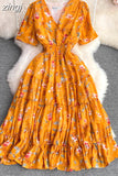 Bohemian Women Floral Printed Midi Dress Elegant V-Neck Short Sleeve High Waist Draped Slim Big Swing Vestidos Female
