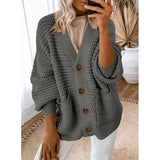 And Winter New Single-Dbutton V-Neck Sweater Women Loose Lantern Sleeve