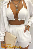 Summer 3 Piece Set Outfits Women Fashion Sexy Beach Style Printed Suspender Shirt Shorts Suit Three Piece Set