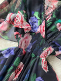 Vintage Black Floral Printed Chiffon Long Dress Elegant V-Neck Short Sleeve High Waist A-Line Maxi Vestidos Female