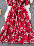 Women Floral Dress Vintage Red/Blue/Pink/White Sexy V-Neck Short Flare Sleeve High Waist Elegant A-Line Vestidos 2023