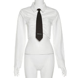 Zingj Autumn 2023 New Women's Solid Color Slim Collar Fashion Tie Crop Long Sleeve T-Shirt-Outfit