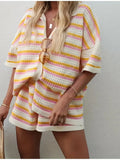 Spring And Summer New Women's Explosive Wool Jersey Collar Striped Short-Sleeved Shorts