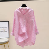 Striped Printed Long-Sleeved Shirt Women 2025 Spring And Autumn Korean Version Of The Liberal And Simple Medium-Sized Shirt