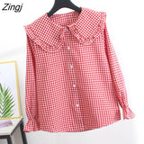 Sweet Plaid Shirt Women Kawaii Peter Pan Collar Lolita Blouse Japanese Preppy Style Puff Sleeve Top Blusas Mujer De