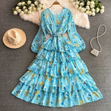 Autumn New Long-Sleeved Print Chiffon Dress Sweet Temperament Holiday Waist Thin Cake Dress Dress