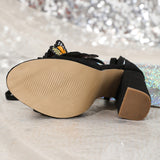 Heels Embroidered Three-Dimensional Velvet Bow Sandals Straps Thick Heel Sexy High Heel Women's