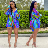 Zingj Fashion Print Casual Style Long Sleeved Shorts 2-Piece Set Women's