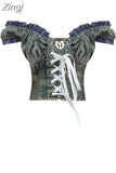 Summer Denim Tank Top Sleeveless Off Shoulder Lace Up Crop Tops Street Vintage Korean 90s Fashion Y2k Vest Open