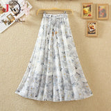 Women Summer Long 2023 Spring Ladies Floral Print High Waist Elegant Sweet Casual Chiffon Skirts Beach Faldas