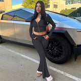 Zingj Style New Zip Long Sleeve Hooded Top High Waist Horn Trousers Fashion Two-Piece Suit