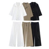 Women's Explosive Linen Long-Sleeved V-Neck Casual Shirt + Linen Mid-Rise Wide-Legged