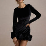 Women's Clothing 2025 Autumn New Fashion Temperament Velvet Collar Three-Dimensional Folded Hem Long-Sleeved Dress