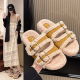 Zingj Slippers Female 2024 Autumn / Winter New Korean Version Of Fashion Color Stitching Soft Wool And Velvet Belt Buckle Flip-Ops-Outfit