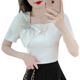 Shot Summer New Square Collar Short Sleeve Bow Bubble Sleeve Design Sense Joker Head Shirt