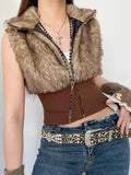 Grunge Vintage Brown Turtleneck Fur Vest Jacket Y2K Sleeveless Autumn Winter Coat Furry Sexy Short Overcoat