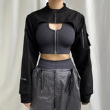 Work Style Zipper Short-Sized Hoodie Shirt Hottie Tie Collar Zipper Long-Sleeved Casual