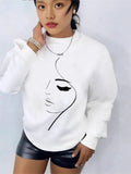Spring And Autumn New Women's Fashion Face Printed Round-Neck White