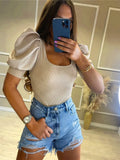 Elegant Short Puff Sleeve T-shirts Tops Women Summer Square Collar Knitted Tees Shirts Solid Basic Ribbed