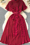 Women Irregular Pleated Party Long Dress Elegant Vacation Beach Draped Ruffle Vestidos Female Short Sleeve Maxi Robe