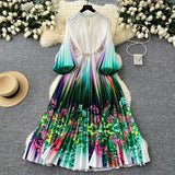 Elegant Dress Women Fashion Nail Ball Collar Hollow Pressure Folding Lantern Sleeves To Print Long